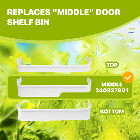 240337901 refrigerator middle door shelf bin, comparison showing top, middle, and bottom bins with middle selected