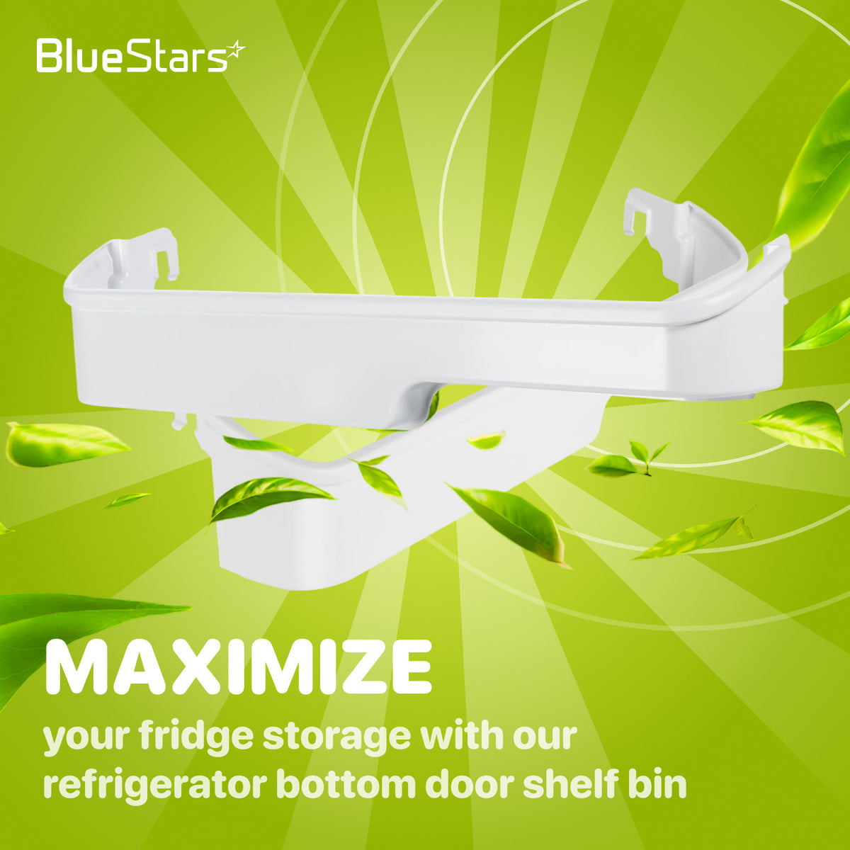 240337901 Refrigerator Middle Door Shelf Bin shown against a green BlueStars promotional background