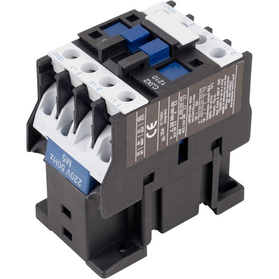 CJX2-1210 3-pole contactor with 220V coil and 25A rating, shown from a high-angle side view.