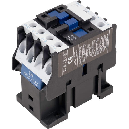 CJX2-1210 3-pole contactor with 220V coil and 25A rating, shown from a high-angle side view.
