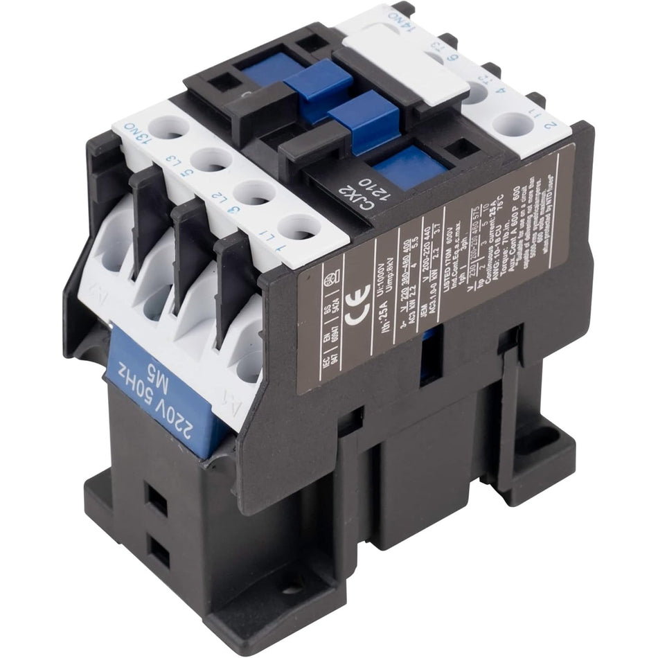 CJX2-1210 3-pole contactor with 220V coil and 25A rating, shown from a high-angle side view.