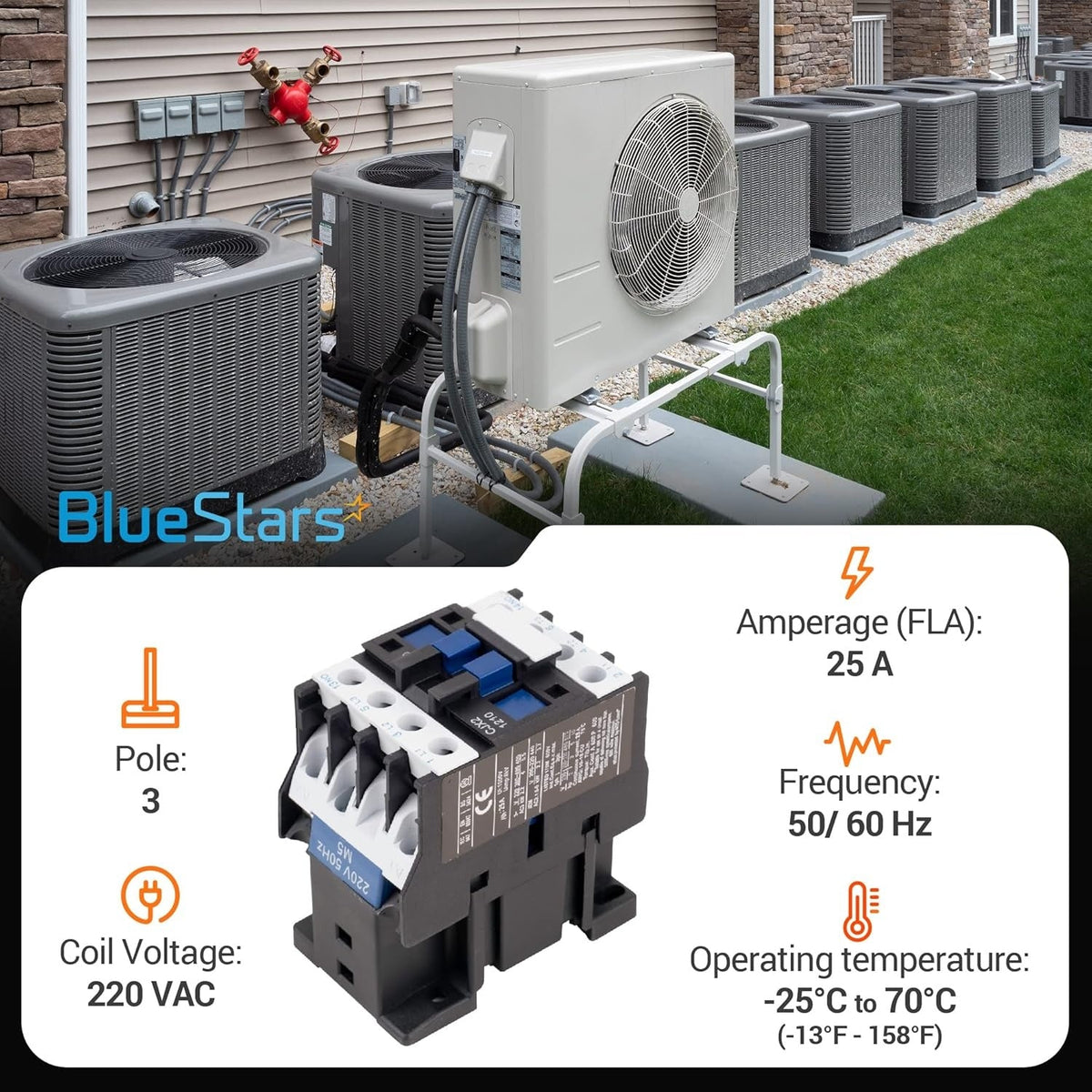 Close-up of CJX2-1210 3-pole contactor with 25 Amp, 220 VAC coil specifications for HVAC systems.