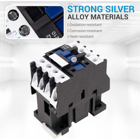 CJX2-1210 3 pole contactor with close-up view of oxidation-resistant silver alloy contact terminals.