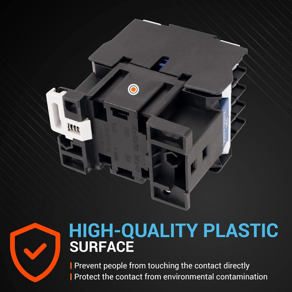 Close-up of CJX2-1210 3 pole contactor showing the high-quality protective plastic housing.
