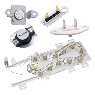 Dryer repair kit including heating element, thermal fuse, and thermostats for Whirlpool and Kenmore dryers.