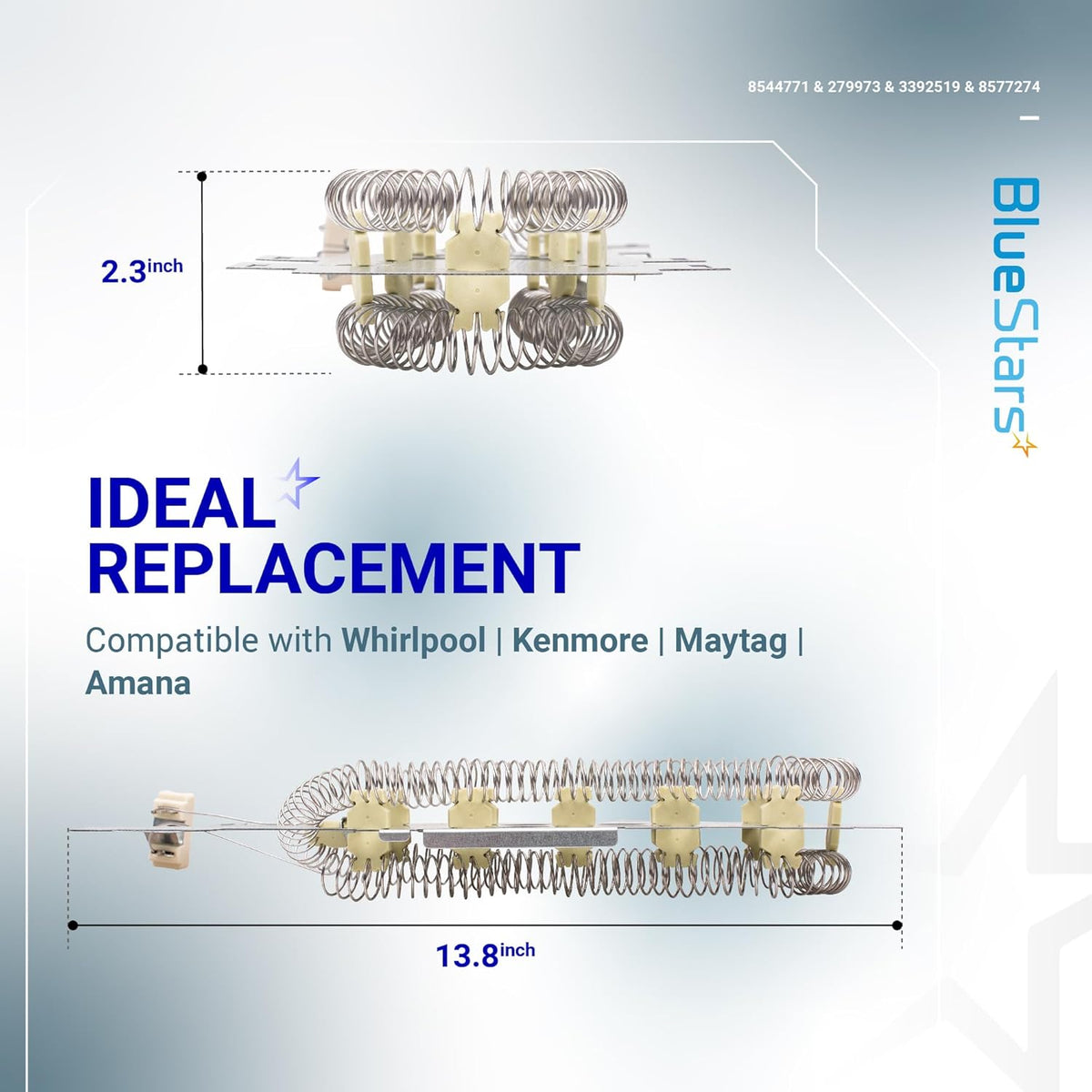 8544771 dryer heating element replacement showing side and top dimensions for Whirlpool and Kenmore dryers.