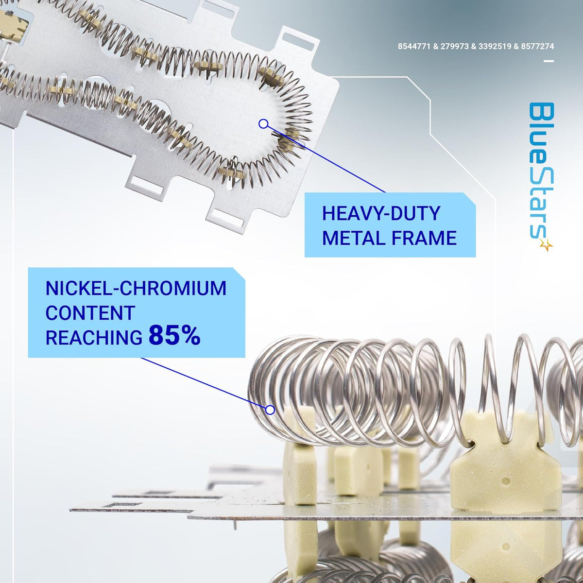 Close-up of 8544771 dryer heating element showing heavy-duty metal frame and nickel-chromium heating coil construction.