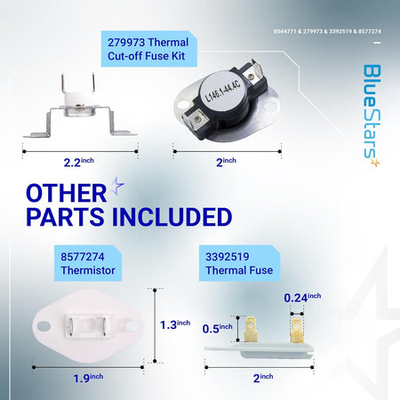 Dryer repair kit components including 279973 thermal cut-off fuse, 8577274 thermistor, and 3392519 thermal fuse with sizes.