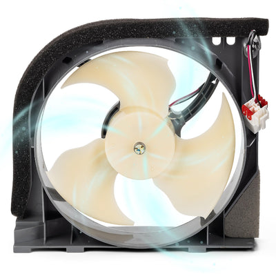 Samsung refrigerator condenser fan motor assembly with white blades and wiring harness.