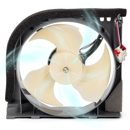 Samsung refrigerator condenser fan motor assembly with white blades and wiring harness.