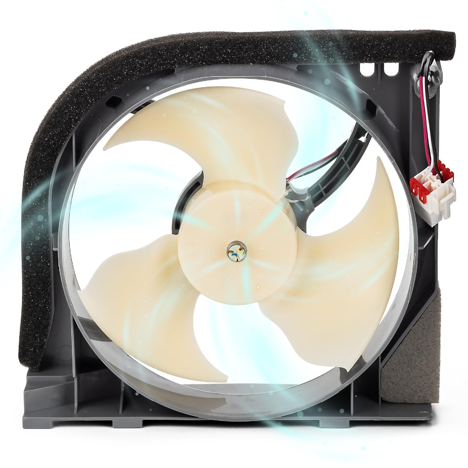 Samsung refrigerator condenser fan motor assembly with white blades and wiring harness.