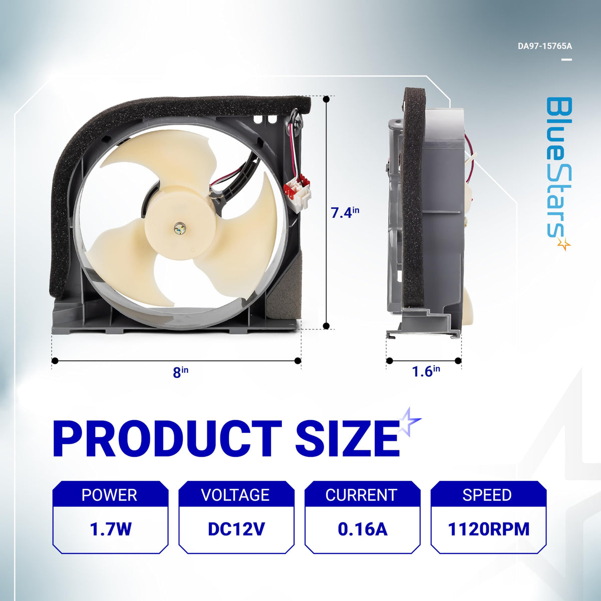 DA97-15765A Samsung refrigerator condenser fan motor showing dimensions and technical specifications.