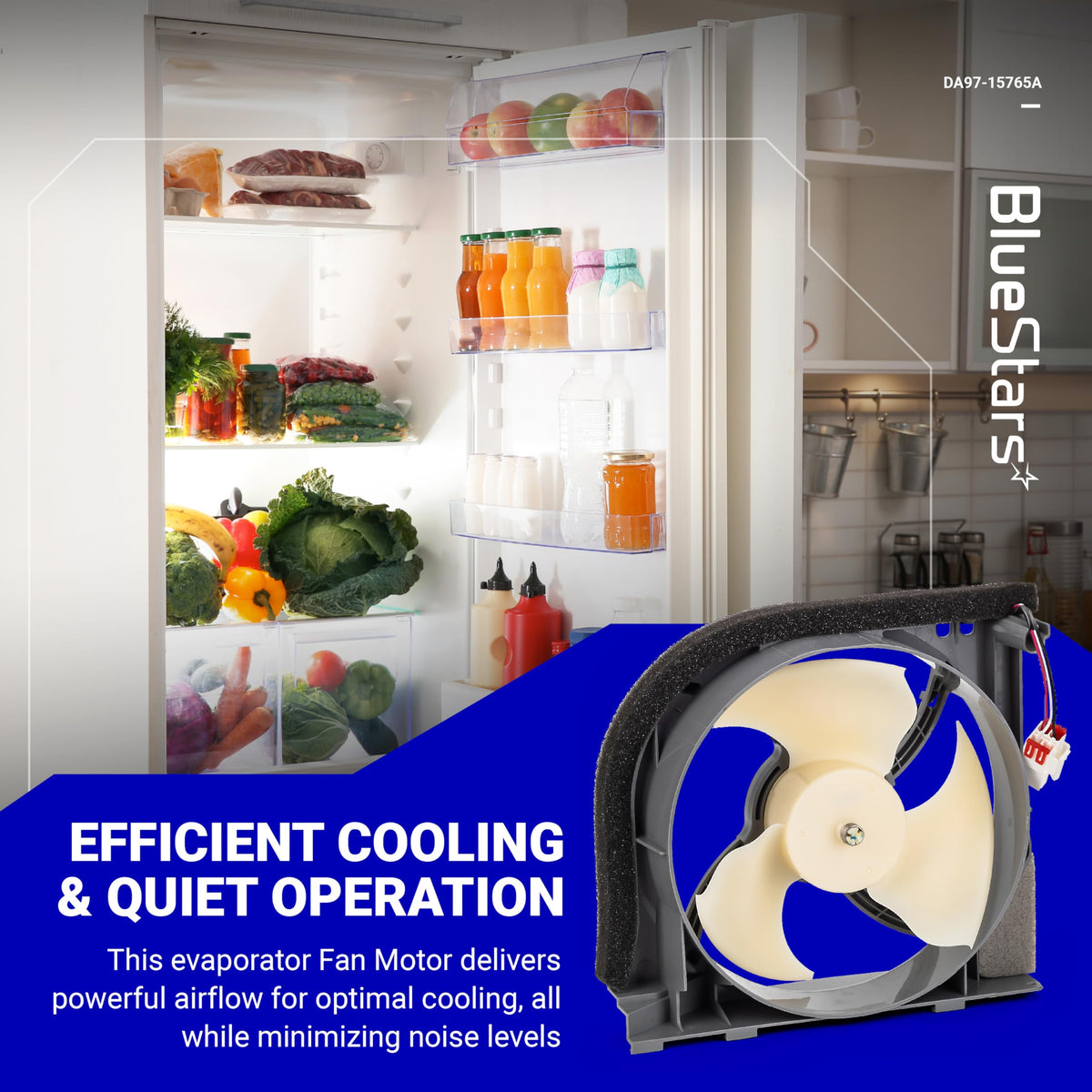 DA97-15765A refrigerator condenser fan motor with white blades and foam insulation for Samsung refrigerators.