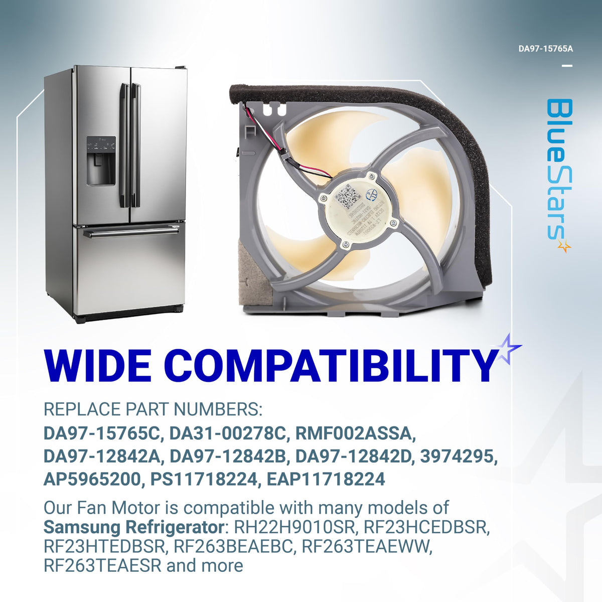 DA97-15765A refrigerator condenser fan motor with housing for Samsung refrigerators.