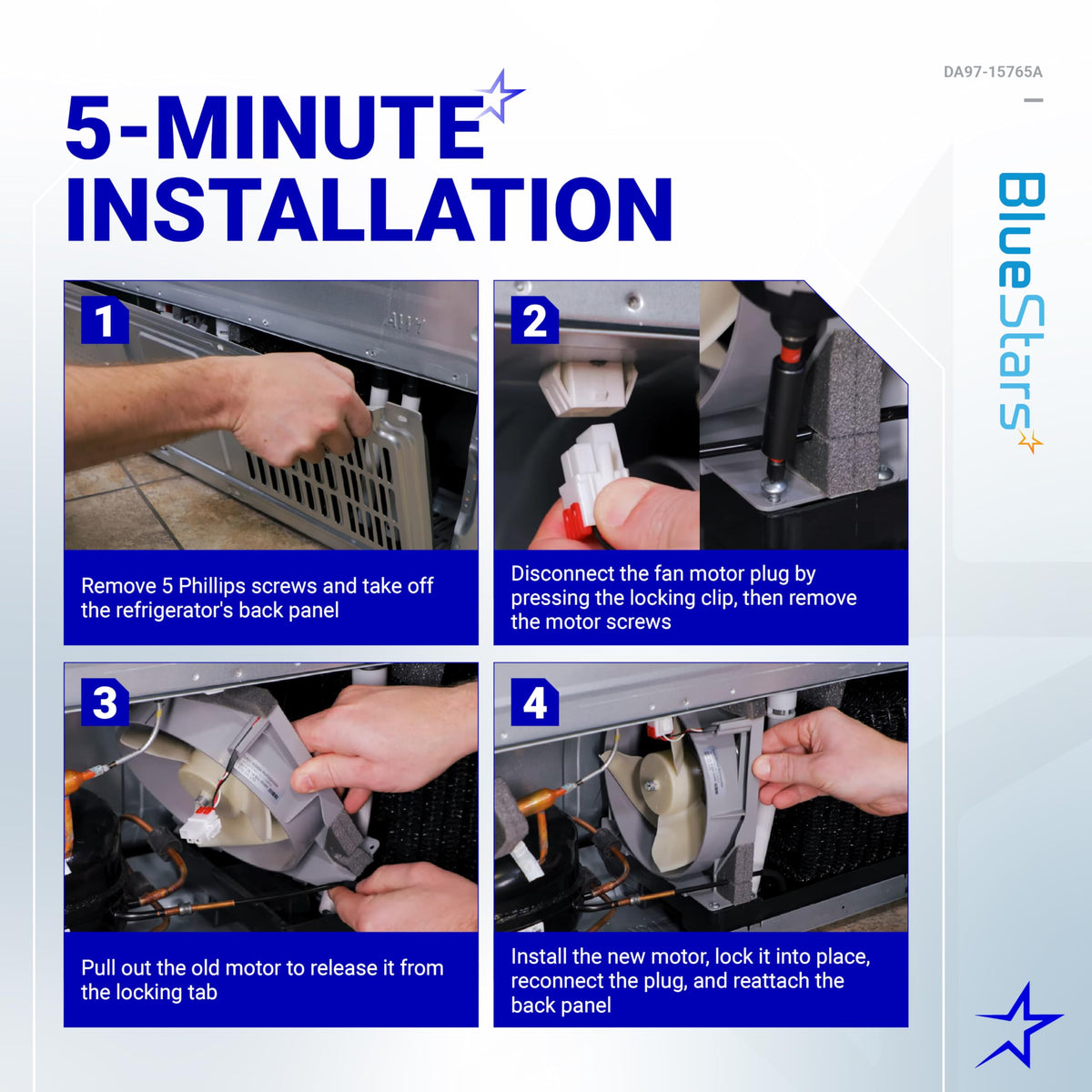 Installation guide showing 4 steps to replace a Samsung refrigerator condenser fan motor DA97-15765A.