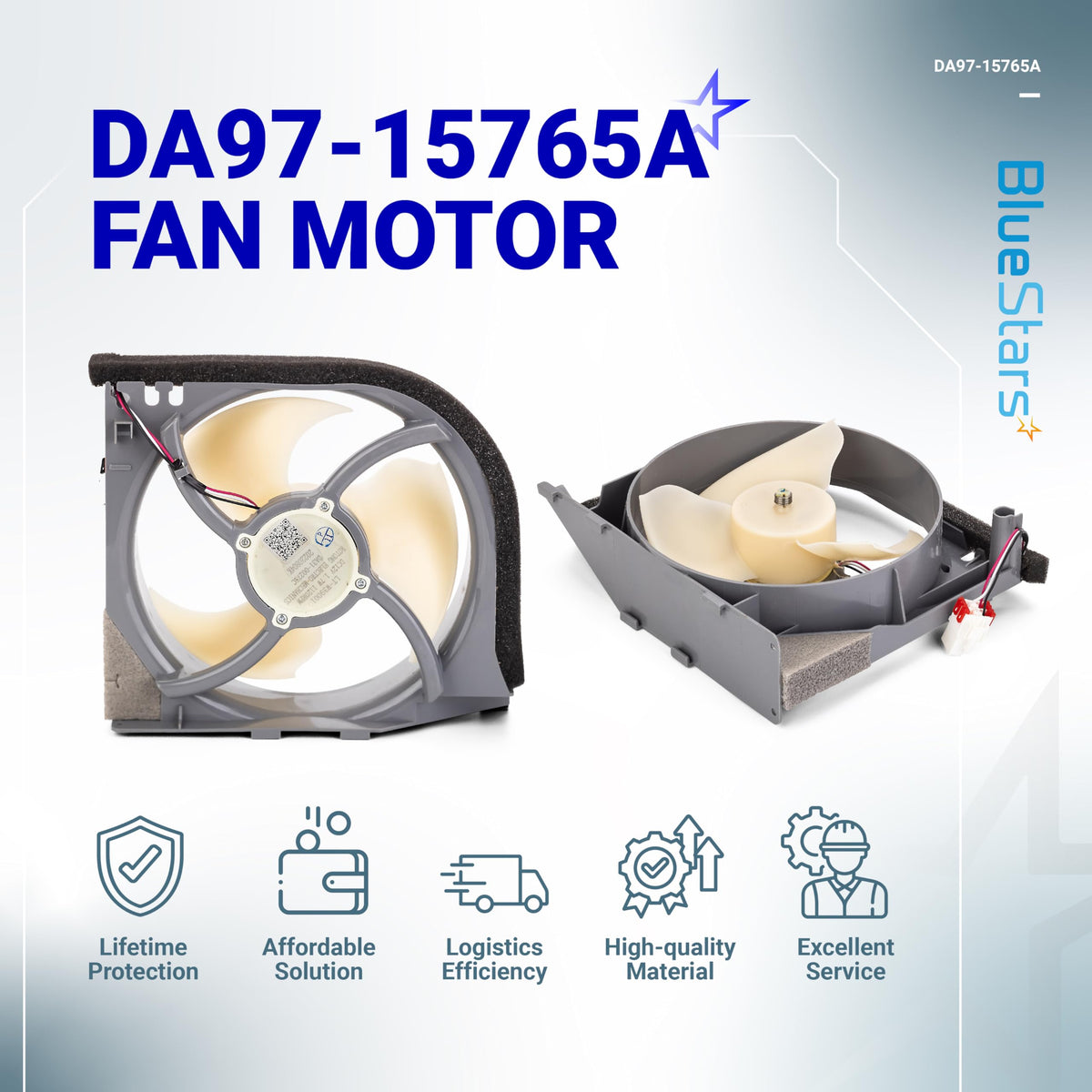 DA97-15765A refrigerator condenser fan motor with housing, showing front and side angles for Samsung refrigerators.