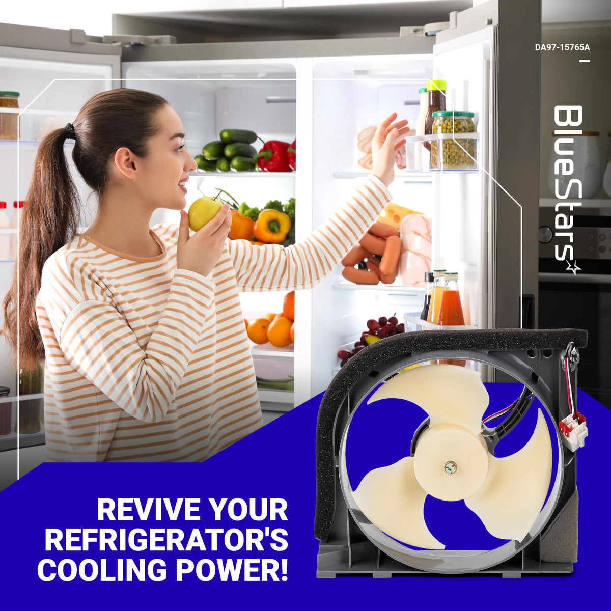 DA97-15765A refrigerator condenser fan motor for Samsung refrigerators shown in a promotional lifestyle graphic.