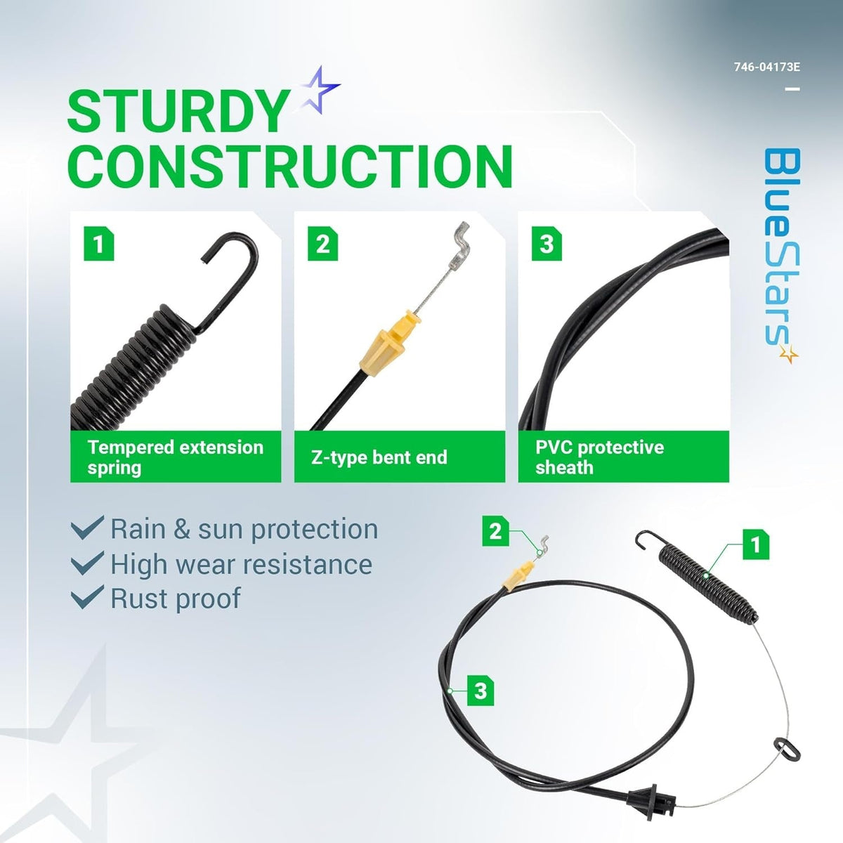 Infographic showing construction details of 946-04173E deck engagement cable for MTD and Troy-Bilt lawn mowers.