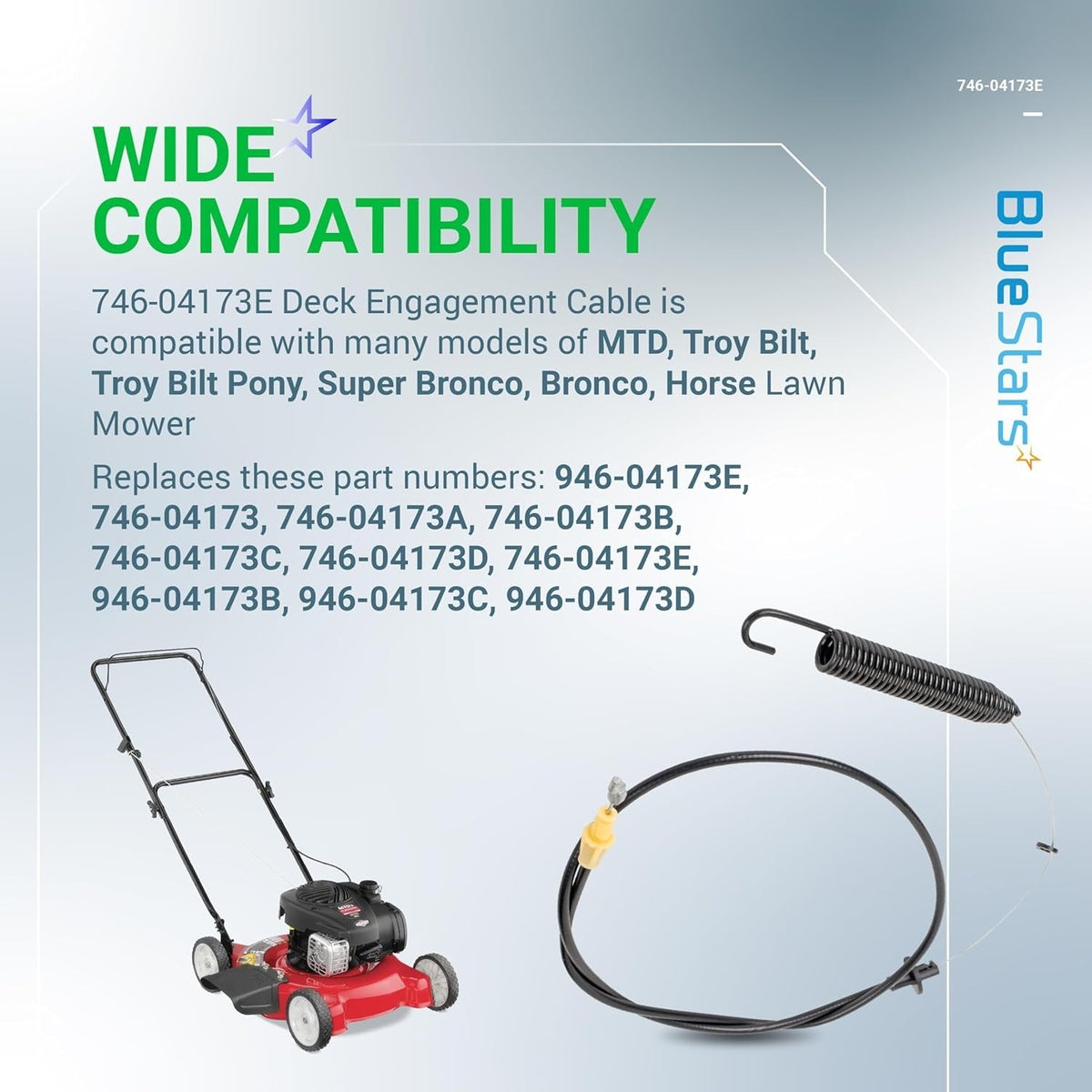 Infographic showing 946-04173E deck engagement cable compatibility for MTD and Troy-Bilt lawn mowers.