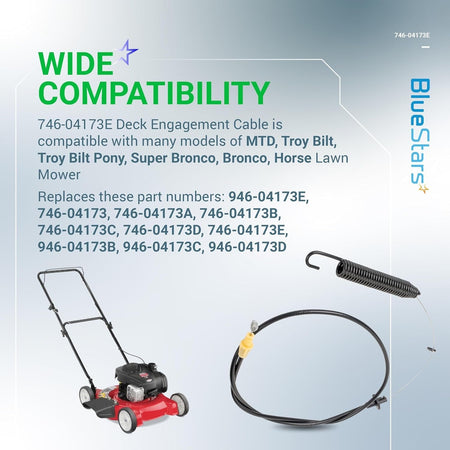 Infographic showing 946-04173E deck engagement cable compatibility for MTD and Troy-Bilt lawn mowers.