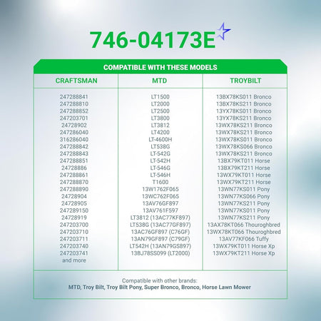 Compatibility chart for 746-04173E deck engagement cable listing Craftsman, MTD, and Troy-Bilt lawn mower models.