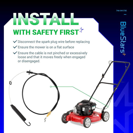 Installation guide for 946-04173E deck engagement cable showing placement on a lawn mower with safety instructions.