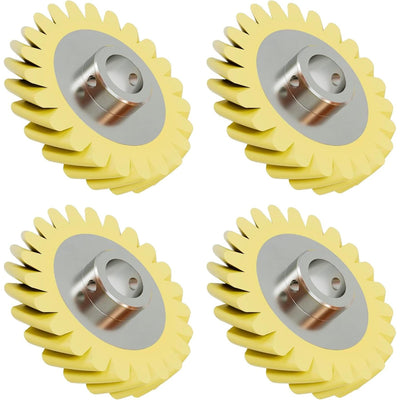 Set of four W10112253 replacement mixer worm gears with yellow teeth and metal hubs.