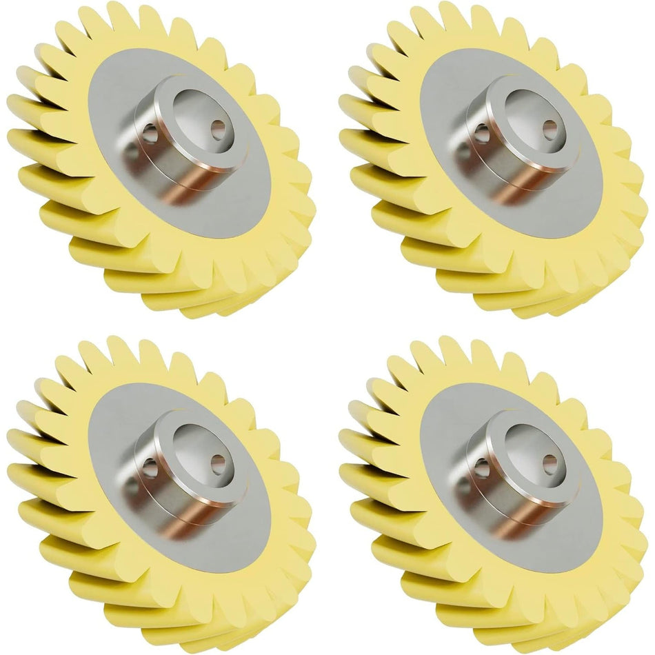 Set of four W10112253 replacement mixer worm gears with yellow teeth and metal hubs.