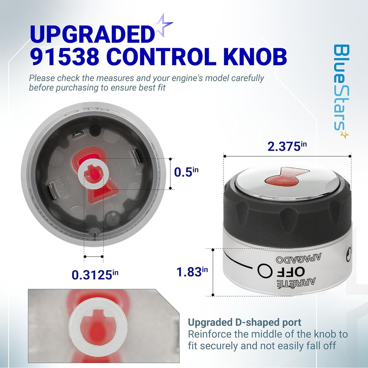 91538 Lighted Control Knobs Assembly 4-pack, dimensions diagram and upgraded D-shaped port close-up