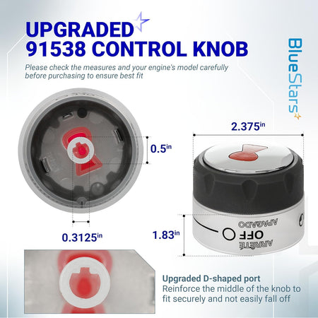 91538 Lighted Control Knobs Assembly 4-pack, dimensions diagram and upgraded D-shaped port close-up