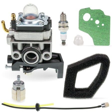 GX35 carburetor replacement kit with spark plug, air filter, fuel line, and gasket for Honda string trimmers.