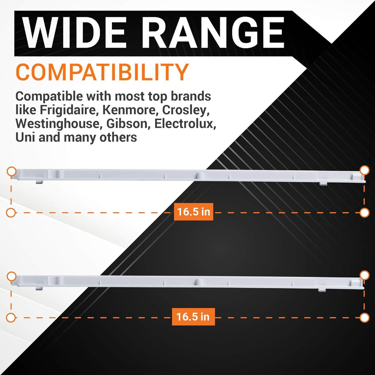 Two 16.5-inch refrigerator pan hanger drawer slide rails for Kenmore and Frigidaire appliances.
