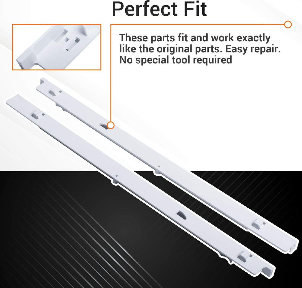 Left and right refrigerator drawer slide rail replacements with close-up detail for Kenmore and Frigidaire.