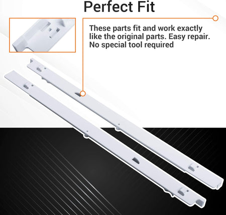 Left and right refrigerator drawer slide rail replacements with close-up detail for Kenmore and Frigidaire.