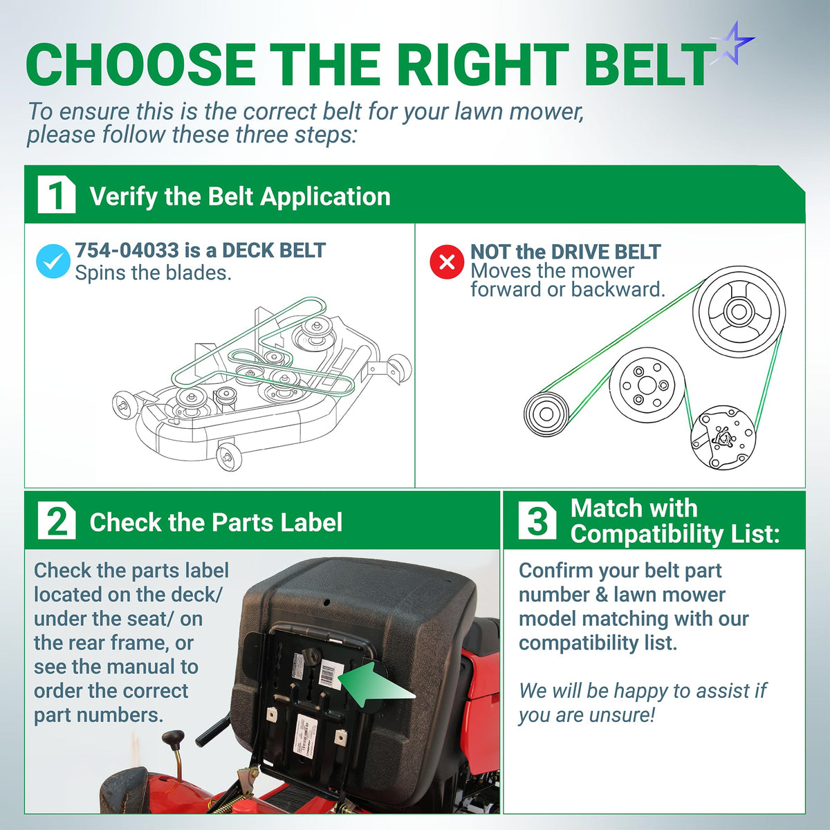 Instructional guide for identifying the correct 754-04033 lawn mower deck belt and verifying compatibility.
