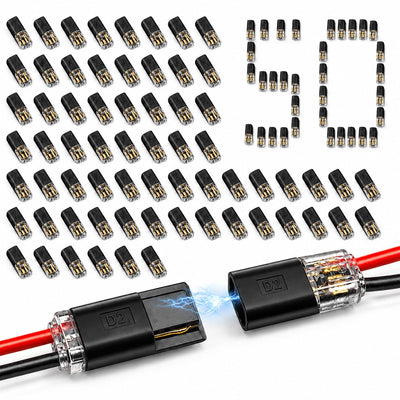 Pack of 50 2-pin low voltage quick wire splice connectors with locking buckle for 18-22 AWG wire.