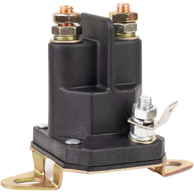 435-097 starter solenoid with black housing and metal mounting bracket for lawn mower engines.