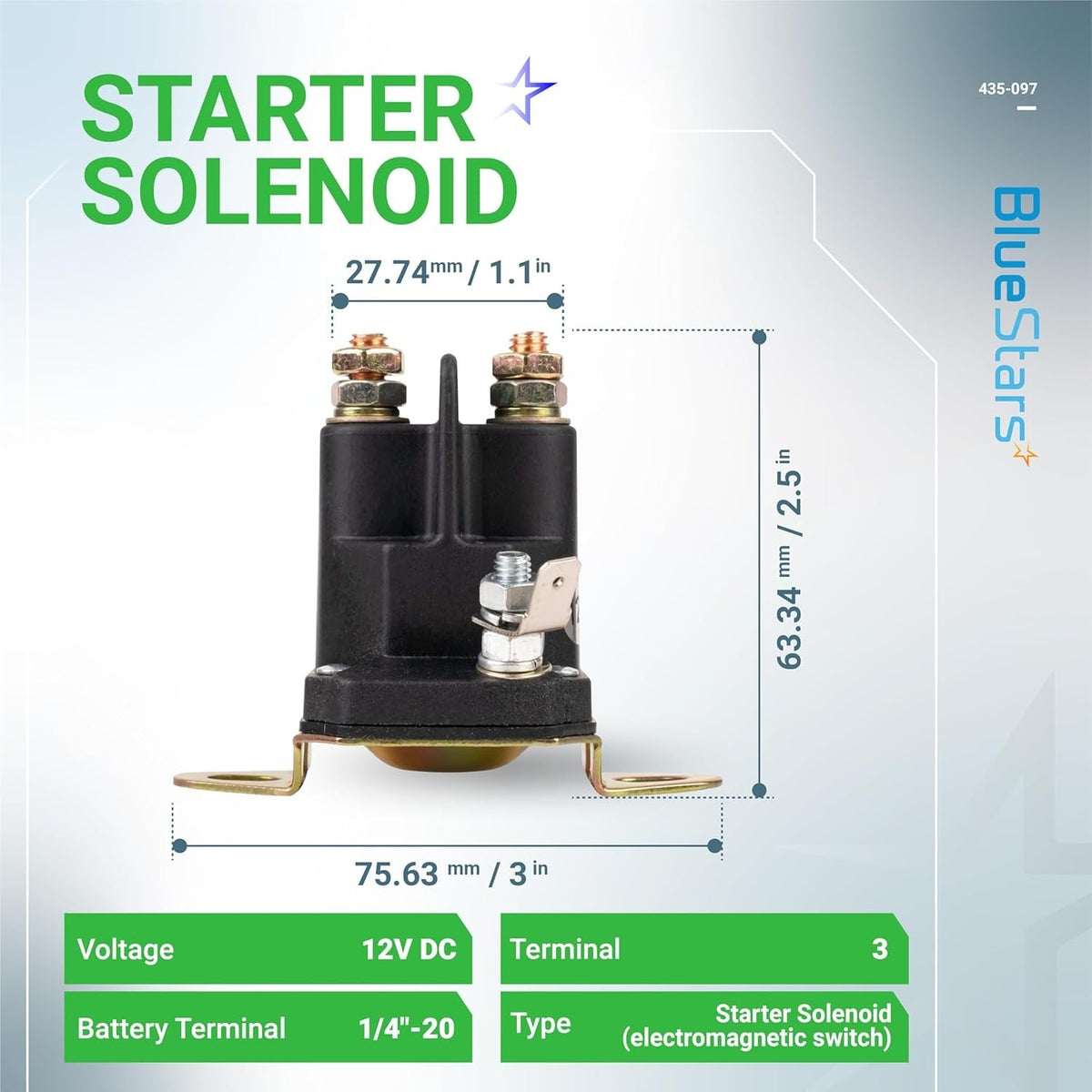 435-097 starter solenoid with dimension diagram showing 12V DC 3-terminal design and mounting measurements.