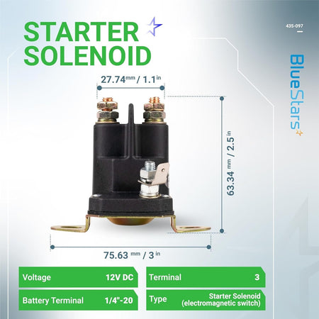 435-097 starter solenoid with dimension diagram showing 12V DC 3-terminal design and mounting measurements.