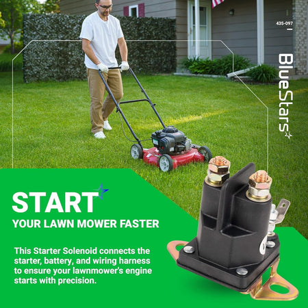 435-097 starter solenoid for lawn mowers shown with a man mowing a lawn in the background.