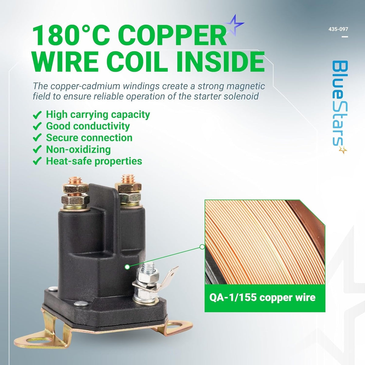 435-097 starter solenoid showing internal copper wire coil construction and heat-safe features.