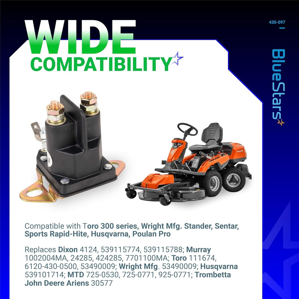 435-097 starter solenoid replacement for lawn mowers with wide compatibility graphic and lawn tractor illustration.