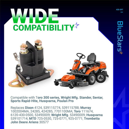 435-097 starter solenoid replacement for lawn mowers with wide compatibility graphic and lawn tractor illustration.