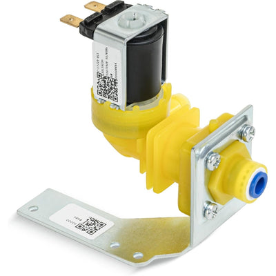 Water inlet valve for Manitowoc ice machines with yellow plastic housing and mounting bracket.