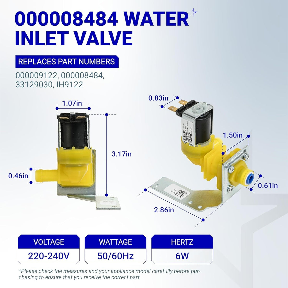 Dimensional diagram of Manitowoc ice machine water inlet valve 000008484 with technical specifications.
