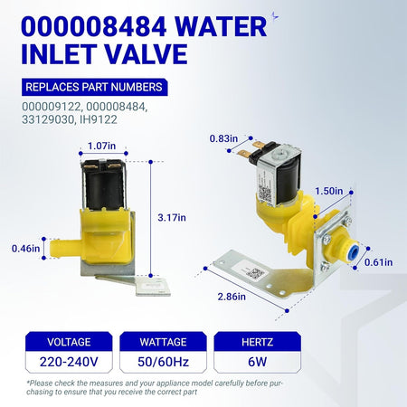 Dimensional diagram of Manitowoc ice machine water inlet valve 000008484 with technical specifications.