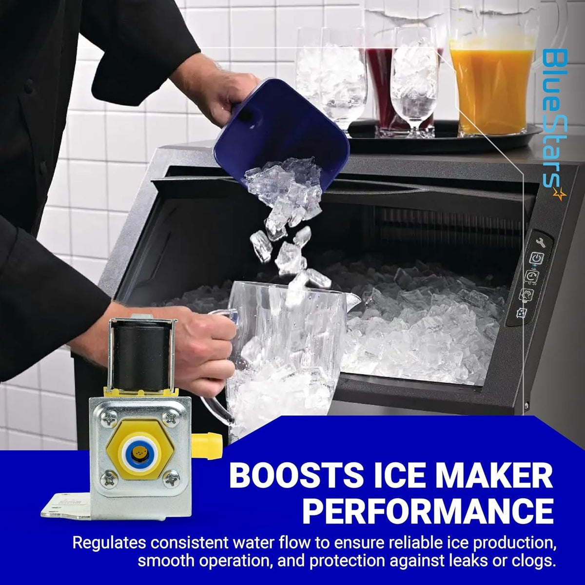 Water inlet valve for Manitowoc ice machines shown with performance benefits text overlay.