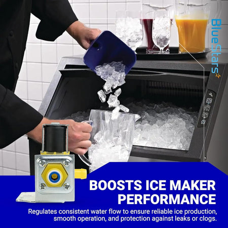 Water inlet valve for Manitowoc ice machines shown with performance benefits text overlay.