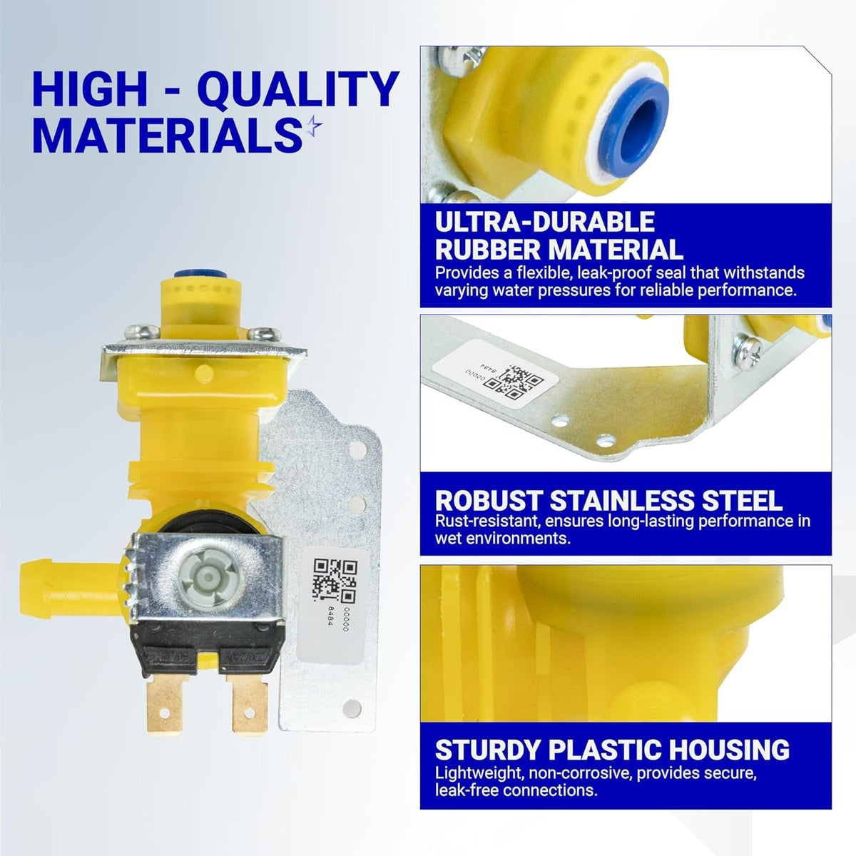 Manitowoc ice machine water inlet valve infographic showing durable materials, rubber seal, and stainless steel bracket.