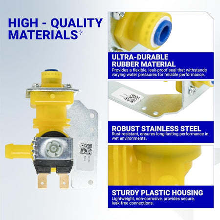 Manitowoc ice machine water inlet valve infographic showing durable materials, rubber seal, and stainless steel bracket.